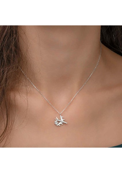 Gümüş Rodyum Tek Taşlı Uçak Kadın Kolye indirimleri