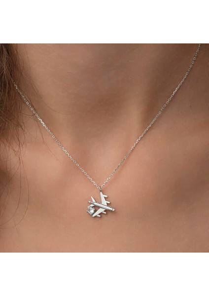 Gümüş Rodyum Tek Taşlı Uçak Kadın Kolye
