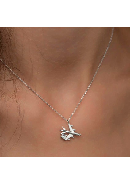 Gümüş Rodyum Tek Taşlı Uçak Kadın Kolye