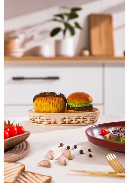 MIO-038 Hamburger Motifli 2li Standlı Tuzluk Biberlik Seti