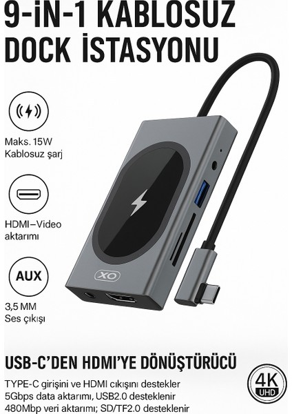 9 In 1 HUB007 15W Kablosuz Şarj Özelliği,type-C, MacBook Ile Uyumlu Çoklayıcı Hub indirimleri