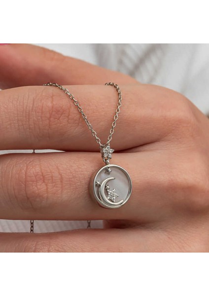 Gümüş Sedef Taşlı Ay Yıldız Hilal Kadın Kolye fiyatları