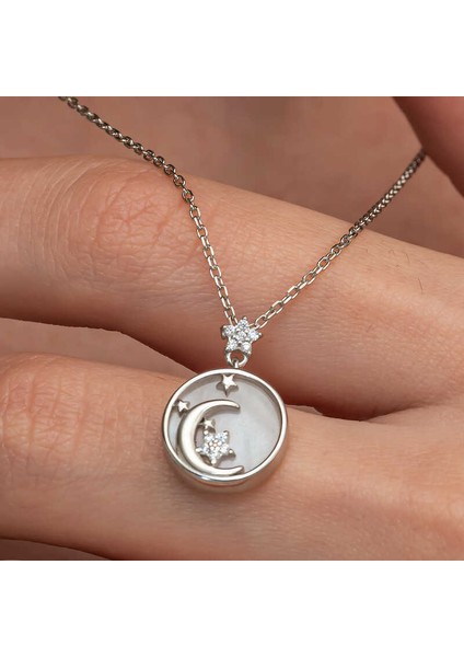 Gümüş Sedef Taşlı Ay Yıldız Hilal Kadın Kolye modelleri