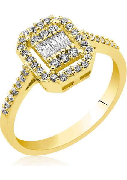 Gümüş Baget Kesim Gold Bayan Yüzük - 10