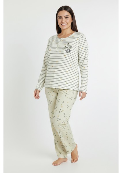 Üstü Yatay Çizgili Altı Desenli Elite Viscose Uzun Büyük Beden Pijama Takımı Beyaz 3590