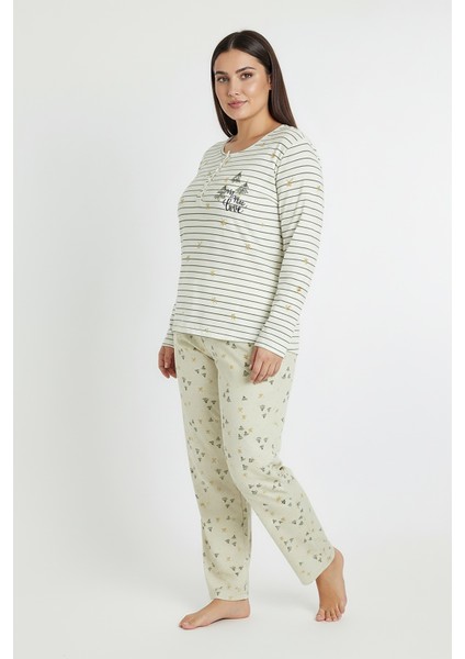 Üstü Yatay Çizgili Altı Desenli Elite Viscose Uzun Büyük Beden Pijama Takımı Beyaz 3590 fiyatları