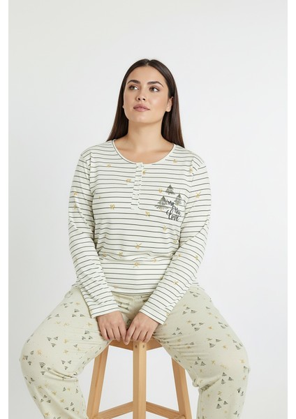 Üstü Yatay Çizgili Altı Desenli Elite Viscose Uzun Büyük Beden Pijama Takımı Beyaz 3590 modelleri