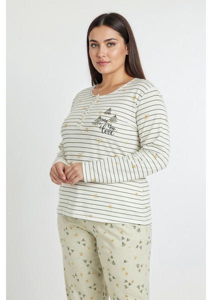 Üstü Yatay Çizgili Altı Desenli Elite Viscose Uzun Büyük Beden Pijama Takımı Beyaz 3590 fırsatları