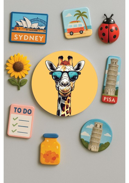 Modern ve Dekoratif Yuvarlak Buzdolabı Magneti Magnet Büyük Boy 10X10 cm - Cool Zürafa