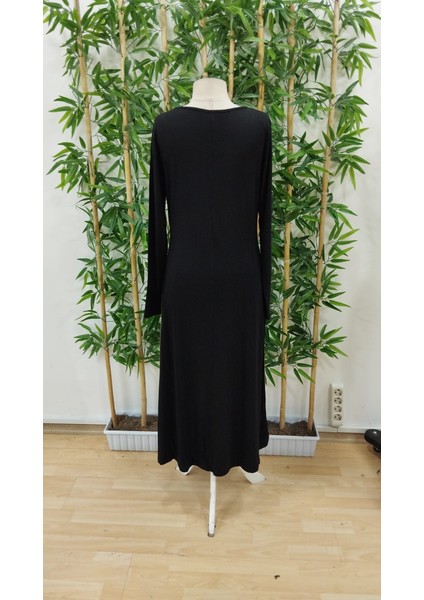 Kadın Uzun Kollu V Yakalı Blok Desenli Viskon Elbise indirimleri