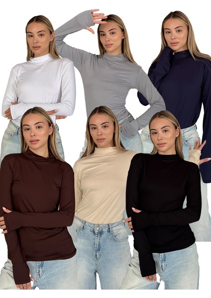 Kadın 6'lı Parmak Detaylı Body -Siyah Beyaz Bej Kahverengi Gri Lacivert