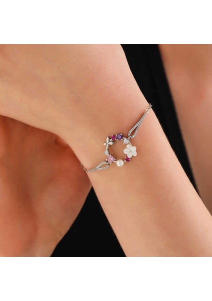 Gümüş Manolya Çiçeği Kelebek Kadın Bileklik