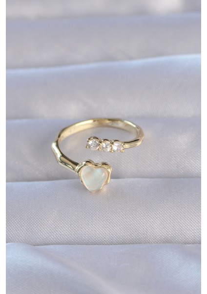Pirinç Gold Renk Zirkon Taşlı Sedefli Kalp Model Ayarlanabilir Yüzük fiyatları