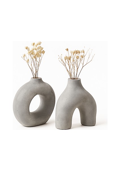 Iskandinav Tarzı Dekoratif Beton Bohem Vazo Set - Gri
