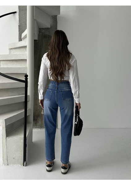 Kadın Kemer Apoletli Mom Jeans fırsatları