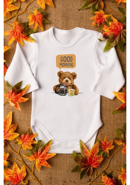 Organik %100 Pamuk Teddy Bear Good Morning Uzun Kollu Bebek Çıtçıtlı Body Badi Zıbın Tulum 5364