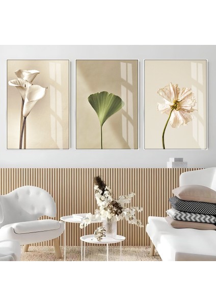 |krem-Gold Renk Soyut Çiçek Set (Pafrı) |çerçeveli Cam Tablo 3lü Dikey