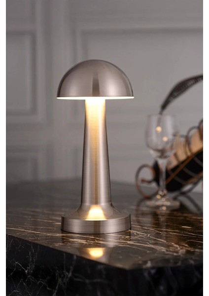 Mantar Model Retro Masa Lambası Mat Gümüş Dimmerli Şarjlı Dekoratif Masaüstü Dekoratif Mantar Lamba