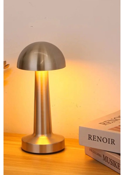 Mantar Model Retro Masa Lambası Mat Gümüş Dimmerli Şarjlı Dekoratif Masaüstü Dekoratif Mantar Lamba modelleri