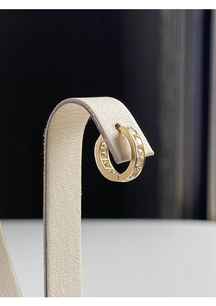 14 Ayar Altın Mini Boy Tam Tur Beyaz Taşlı Küpe