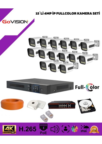 Govision Go Vision 15'li Güvenlik Ip Kamera Seti - 4mp Dış Mekan Kamera, 3.6mm Lens, H.265, Poe, Warm LED Gece Görüşlü