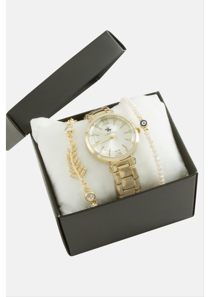 Metal Bayan Kol Saati ve Kutulu Bileklik Kombini