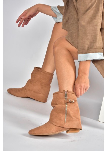 V380518102 Taba Süet Düz Taban Fermuar Detaylı Kadın Bot