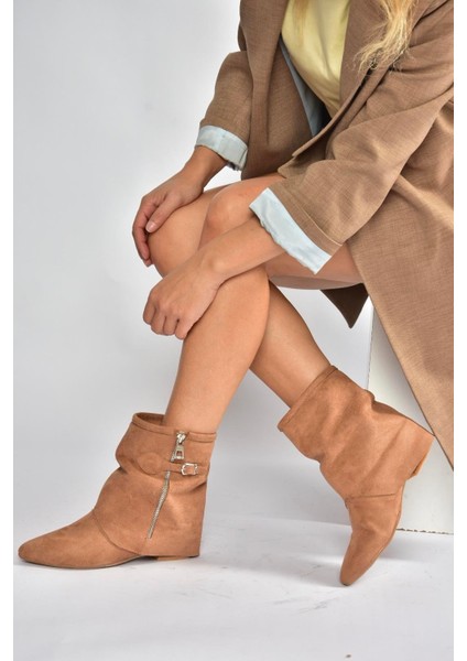 V380518102 Taba Süet Düz Taban Fermuar Detaylı Kadın Bot modelleri