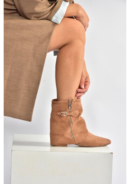 V380518102 Taba Süet Düz Taban Fermuar Detaylı Kadın Bot indirimleri