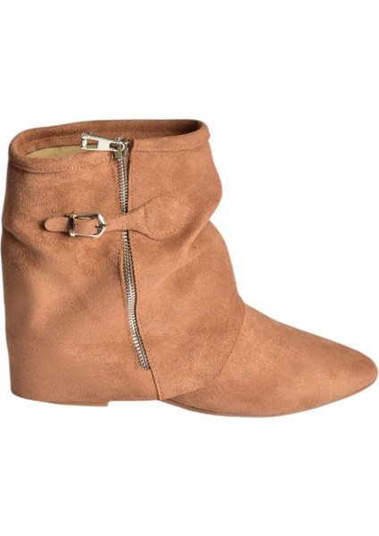 V380518102 Taba Süet Düz Taban Fermuar Detaylı Kadın Bot