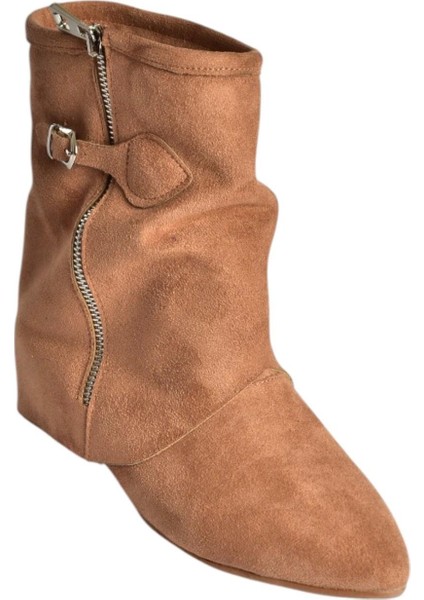 V380518102 Taba Süet Düz Taban Fermuar Detaylı Kadın Bot