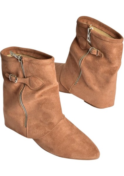 V380518102 Taba Süet Düz Taban Fermuar Detaylı Kadın Bot
