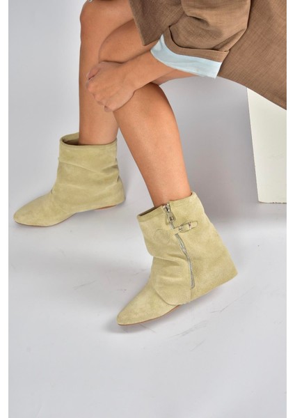 V380614202 Bej Hakiki Deri Süet Fermuar Detaylı Günlük Kadın Bot fırsatları