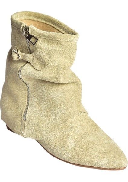 V380614202 Bej Hakiki Deri Süet Fermuar Detaylı Günlük Kadın Bot