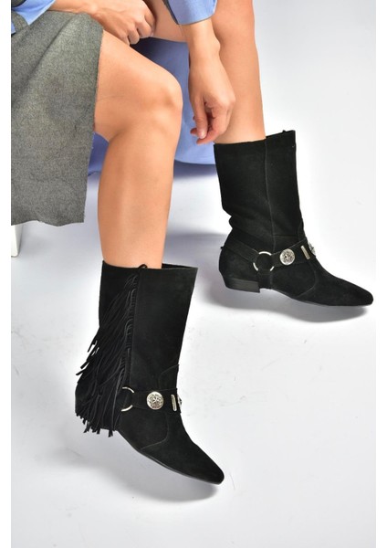 V380625502 Siyah Süet Püskül Detaylı Kadın Bot