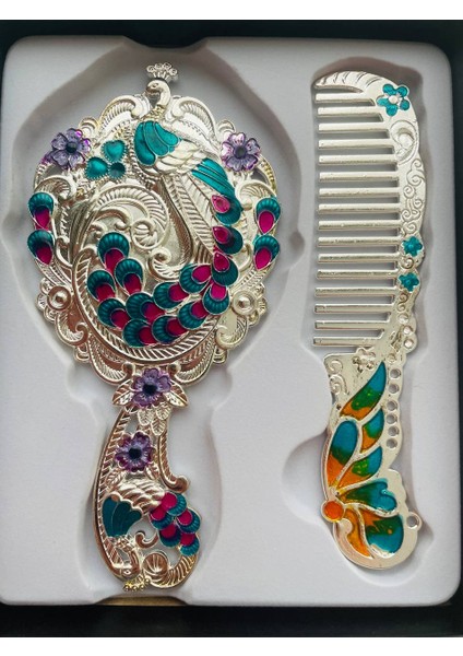 Ayna Tarak Seti, Kutulu-Metal-Hediyelik Takım, 13CM Aynalı Saç Fırçası, Tavuskuşu Figürlü