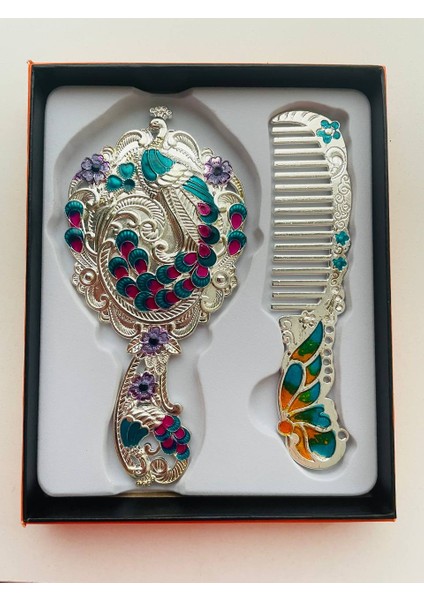Ayna Tarak Seti, Kutulu-Metal-Hediyelik Takım, 13CM Aynalı Saç Fırçası, Tavuskuşu Figürlü modelleri
