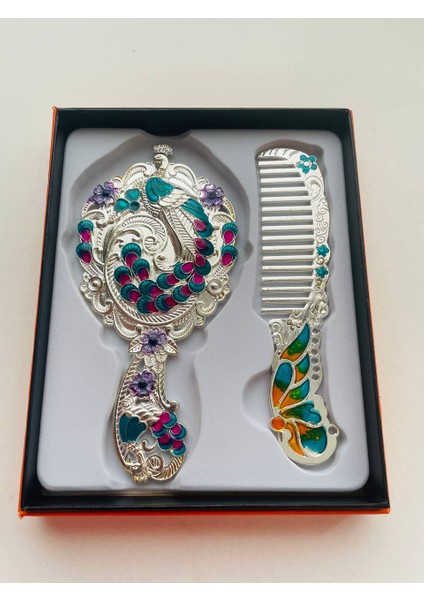 Ayna Tarak Seti, Kutulu-Metal-Hediyelik Takım, 13CM Aynalı Saç Fırçası, Tavuskuşu Figürlü fırsatları