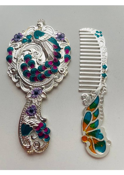 Ayna Tarak Seti, Kutulu-Metal-Hediyelik Takım, 13CM Aynalı Saç Fırçası, Tavuskuşu Figürlü indirimleri