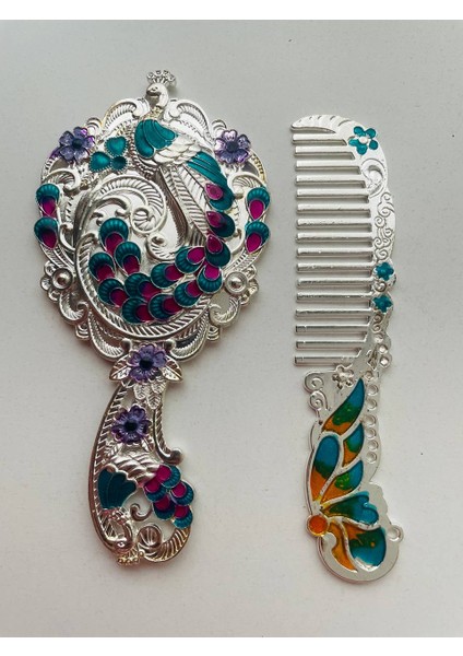 Ayna Tarak Seti, Kutulu-Metal-Hediyelik Takım, 13CM Aynalı Saç Fırçası, Tavuskuşu Figürlü