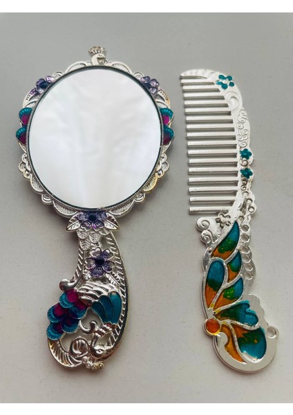 Ayna Tarak Seti, Kutulu-Metal-Hediyelik Takım, 13CM Aynalı Saç Fırçası, Tavuskuşu Figürlü