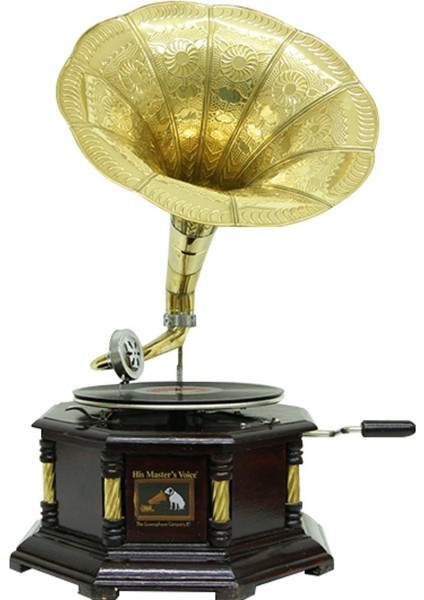 Gramofon Nostaljik Ahşap Sekizgen Köşeleri Bronz Işli Plakçalar ASIG523