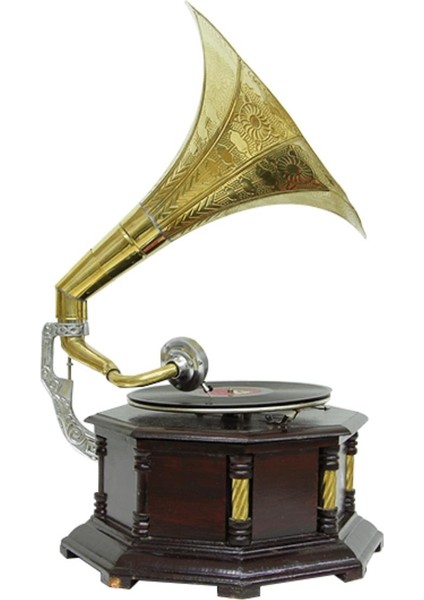 Gramofon Nostaljik Ahşap Sekizgen Köşeleri Bronz Işli Plakçalar ASIG523 fiyatları
