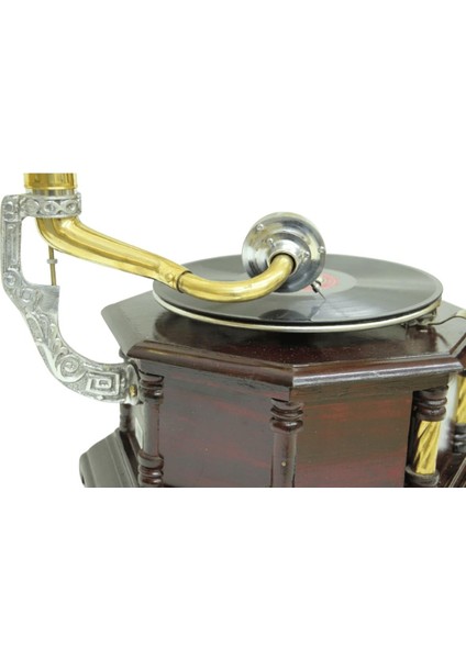 Gramofon Nostaljik Ahşap Sekizgen Köşeleri Bronz Işli Plakçalar ASIG523 indirimleri