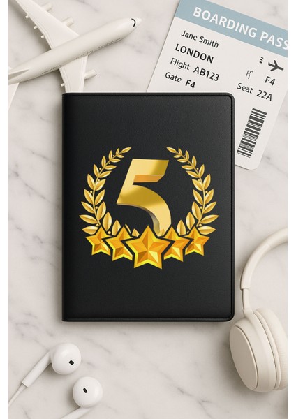 Tüm Ülke Pasaportları Için Siyah Vinleks Deri Pasaport Kılıfı Kabı 5 Yıldız