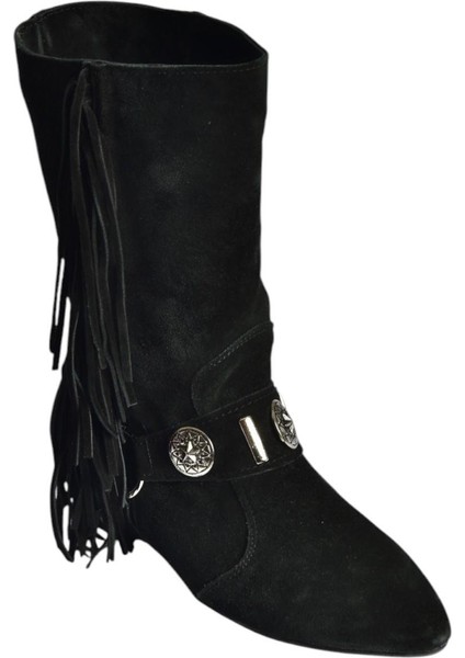 V380625502 Siyah Süet Püskül Detaylı Kadın Bot