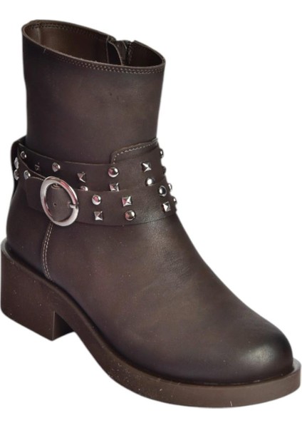V674121209 Kahverengi Alçak Topuklu Fermuarlı Kadın Bot