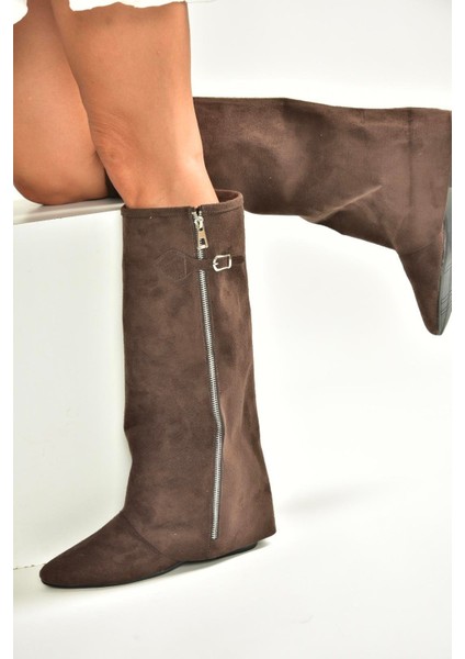 V380526402 Kahverengi Süet Düz Taban Fermuar Detaylı Kadın Çizme fiyatları
