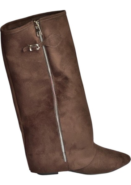 V380526402 Kahverengi Süet Düz Taban Fermuar Detaylı Kadın Çizme indirimleri
