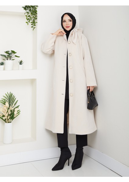 Kadın Düğmeli Fiyonk Modelli Foks Kumaş Şık Kaşe Kaban